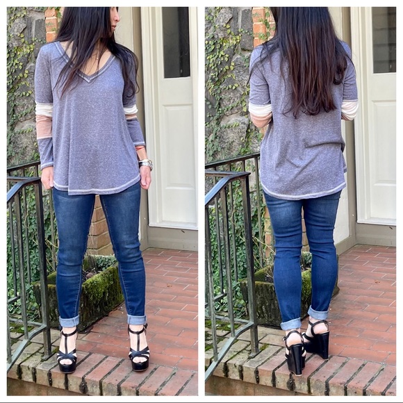 Two tone color block knit fabric casual top - Picture 7 of 7